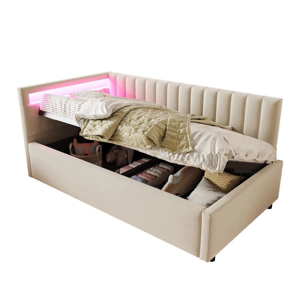 Letto Imbottito con Contenitore e LED ¨C Xylo ¨C Velluto Beige 90x200