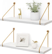 Set di 2 mensole in legno, bianche, con maniglia dorata, metallica, lunghe, per appendere in cucina, decor moderno, mensole da soffitto per soggiorno, camera da letto, bagno