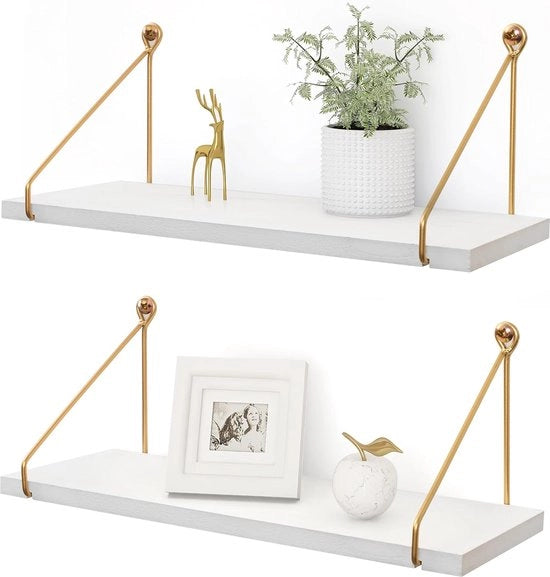 Set di 2 mensole in legno, bianche, con maniglia dorata, metallica, lunghe, per appendere in cucina, decor moderno, mensole da soffitto per soggiorno, camera da letto, bagno