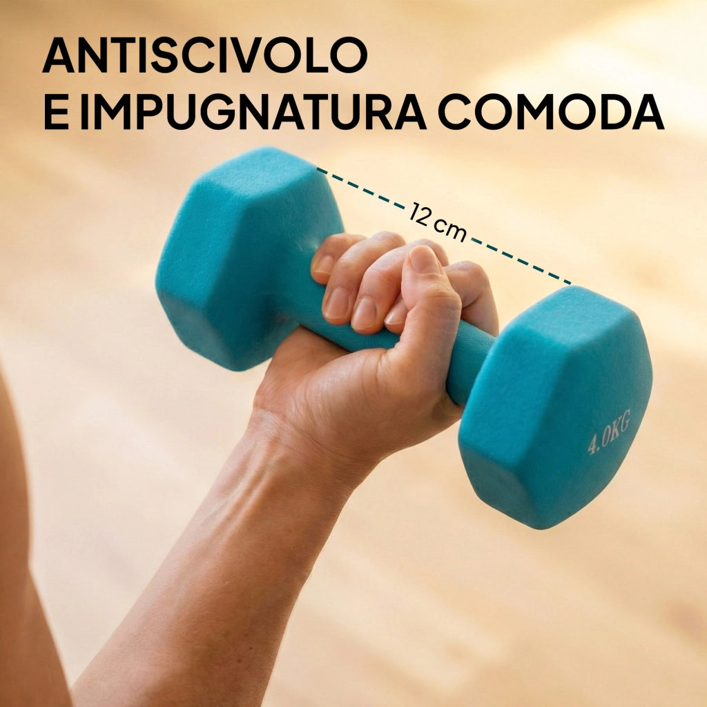 Set 8 Manubri Pesi Esagonali Antiscivolo con Supporto, in Metallo e Plastica, Multicolore