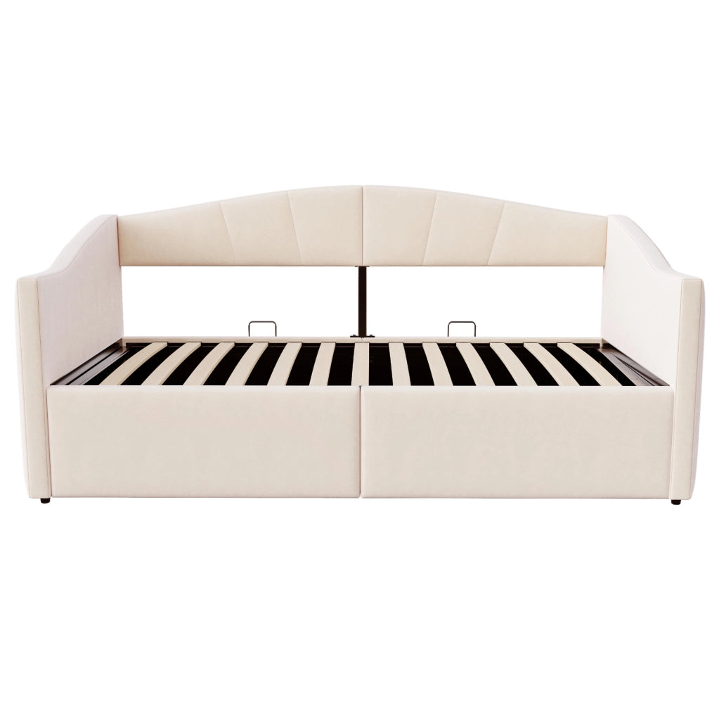 Letto imbottito 90x200 cm beige, velluto con contenitore idraulico e rete a doghe