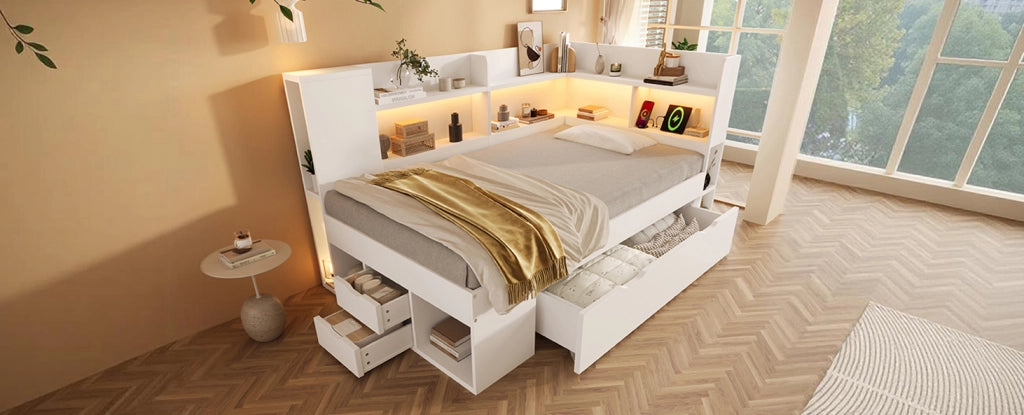 Letto giorno 90x200 cm bianco con LED, USB e Type-C, con cassetti, ripiani e materasso incluso