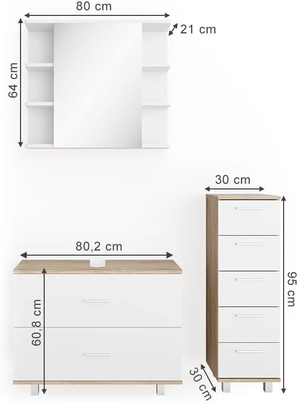 Set mobili bagno Ilias, Bianco/Sonoma, 80 cm, composto da mobile sottolavabo, specchiera e mobile medio