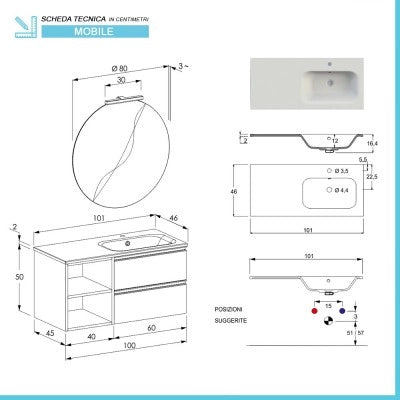 Mobile bagno sospeso 100 cm rovere miele con cassetti e vani a giorno completo di lavabo a destra e specchio contenitore Master