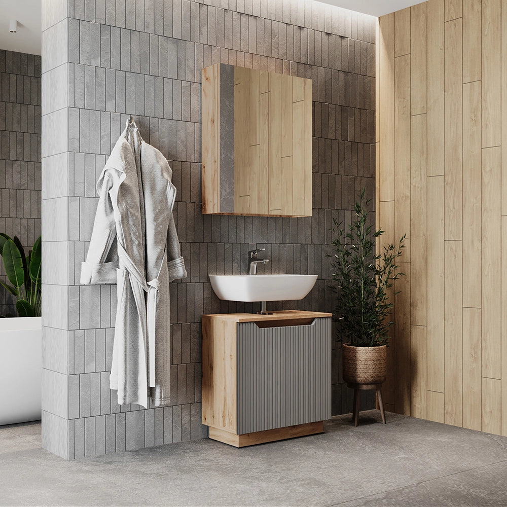 Vicco Set di mobili da bagno Rovere/grigio a righe 2 parti