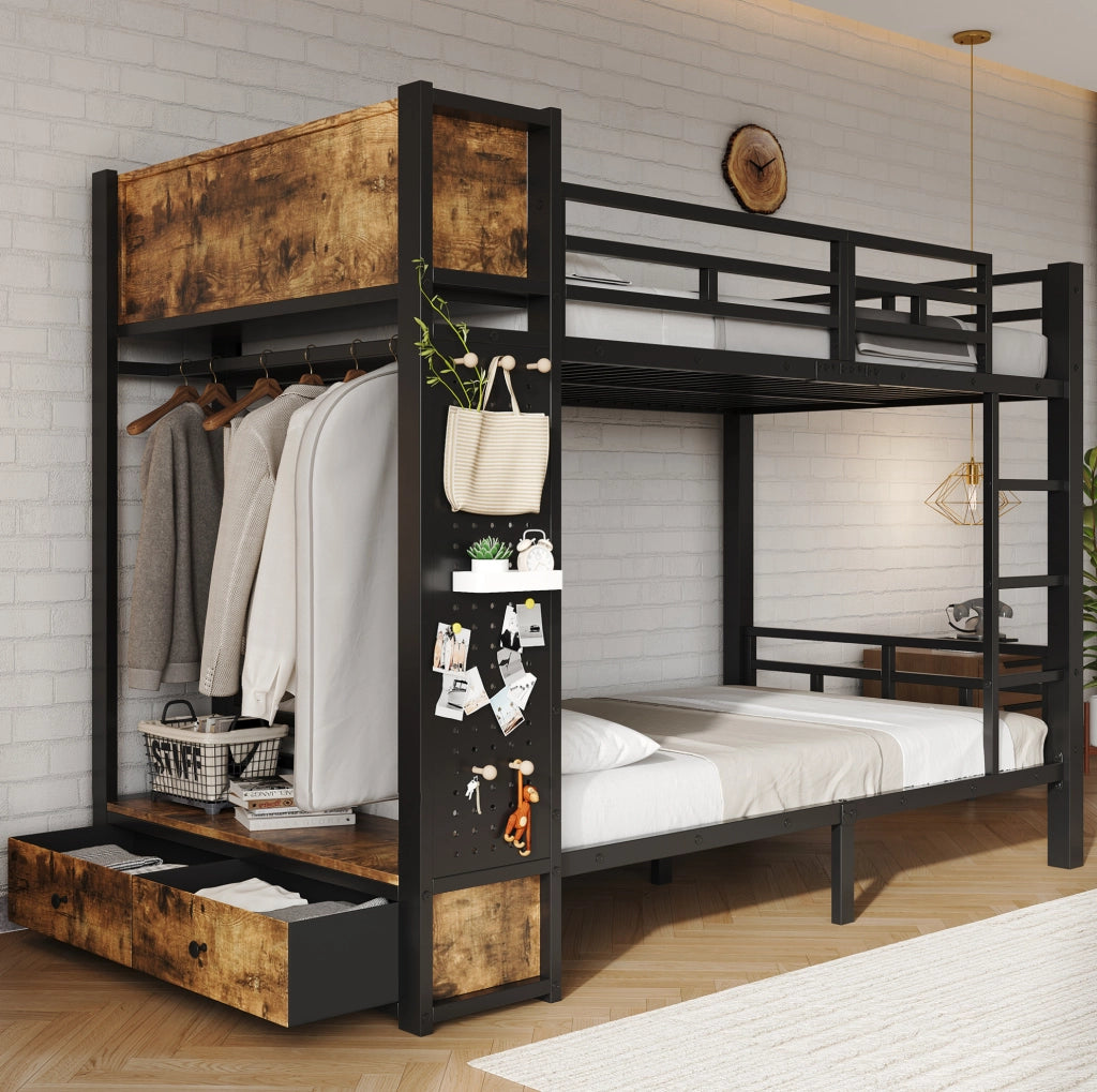 Etagenbett in metallo nero 120x200 cm con armadio; cassetto e vani portaoggetti