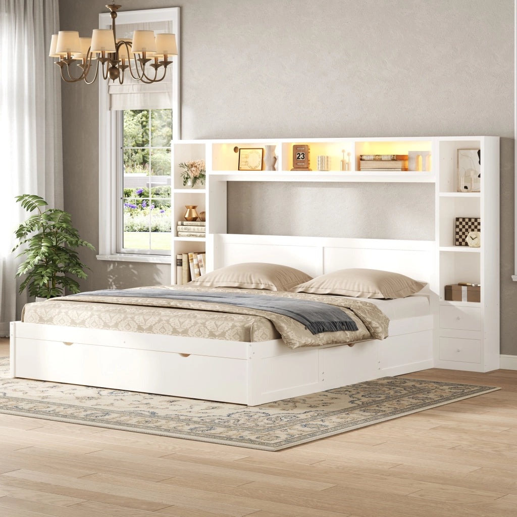 Letto contenitore 140x200 bianco con 7 cassetti; testiera libreria e luce LED