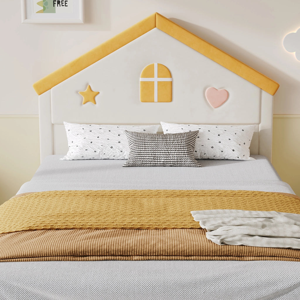 Letto per Bambini 140x200 cm con 4 Cassetti e Testiera a Casetta in Velluto Beige