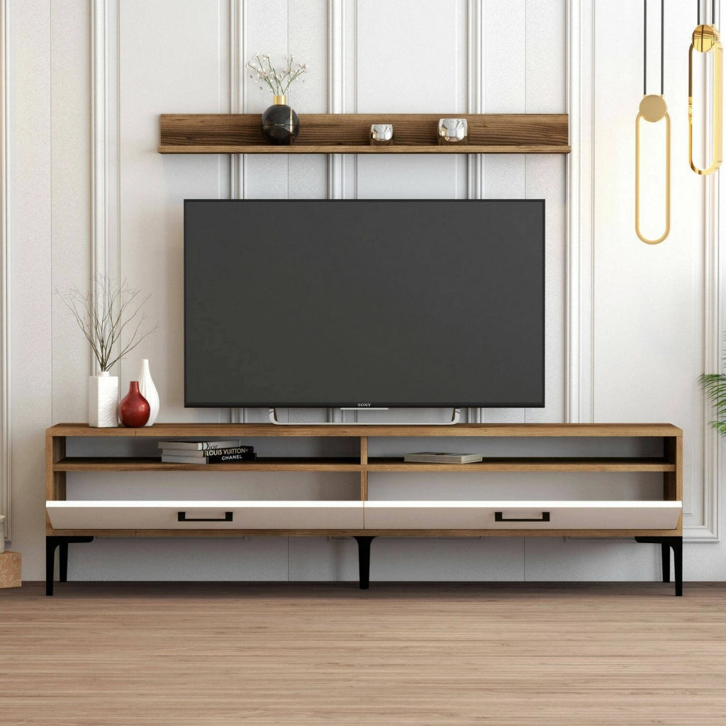 Parete attrezzata Oho, Composizione soggiorno, Mobile salotto multiuso, Armadio porta TV, 180x35h47 cm, Noce e Bianco