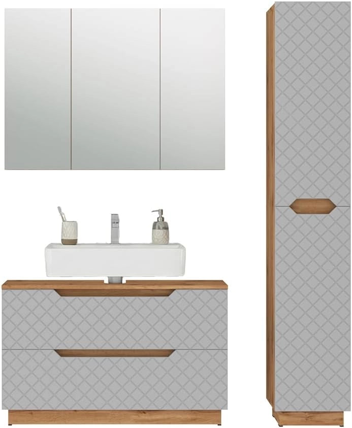 Set di mobili da bagno Lotta, Rovere/grigio con struttura in piastrelle, 3 parti