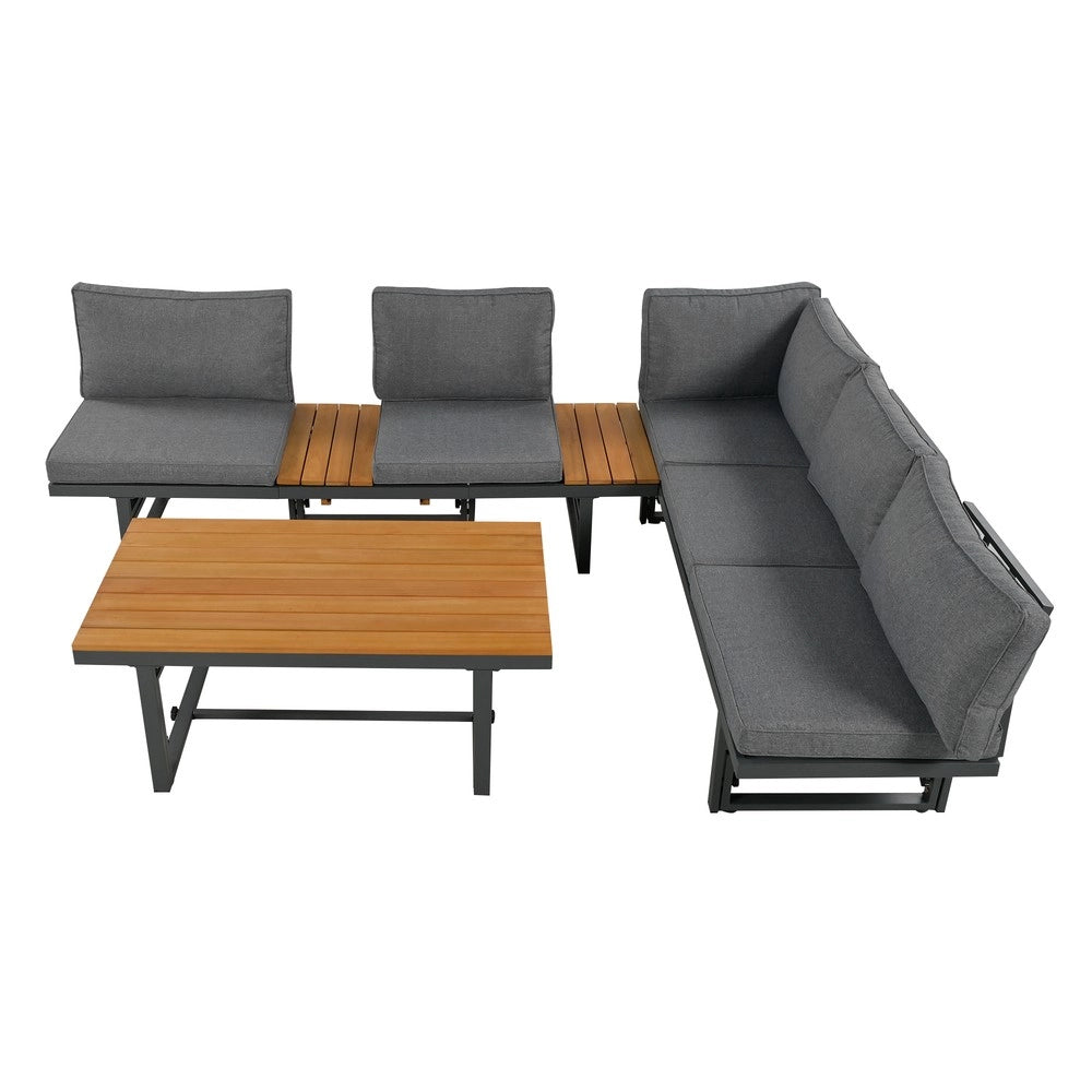 Set Divano da Giardino 3 Pezzi con Tavolo ¨C Xylo ¨C Polyrattan, Legno Acacia, Cuscini, Grigio