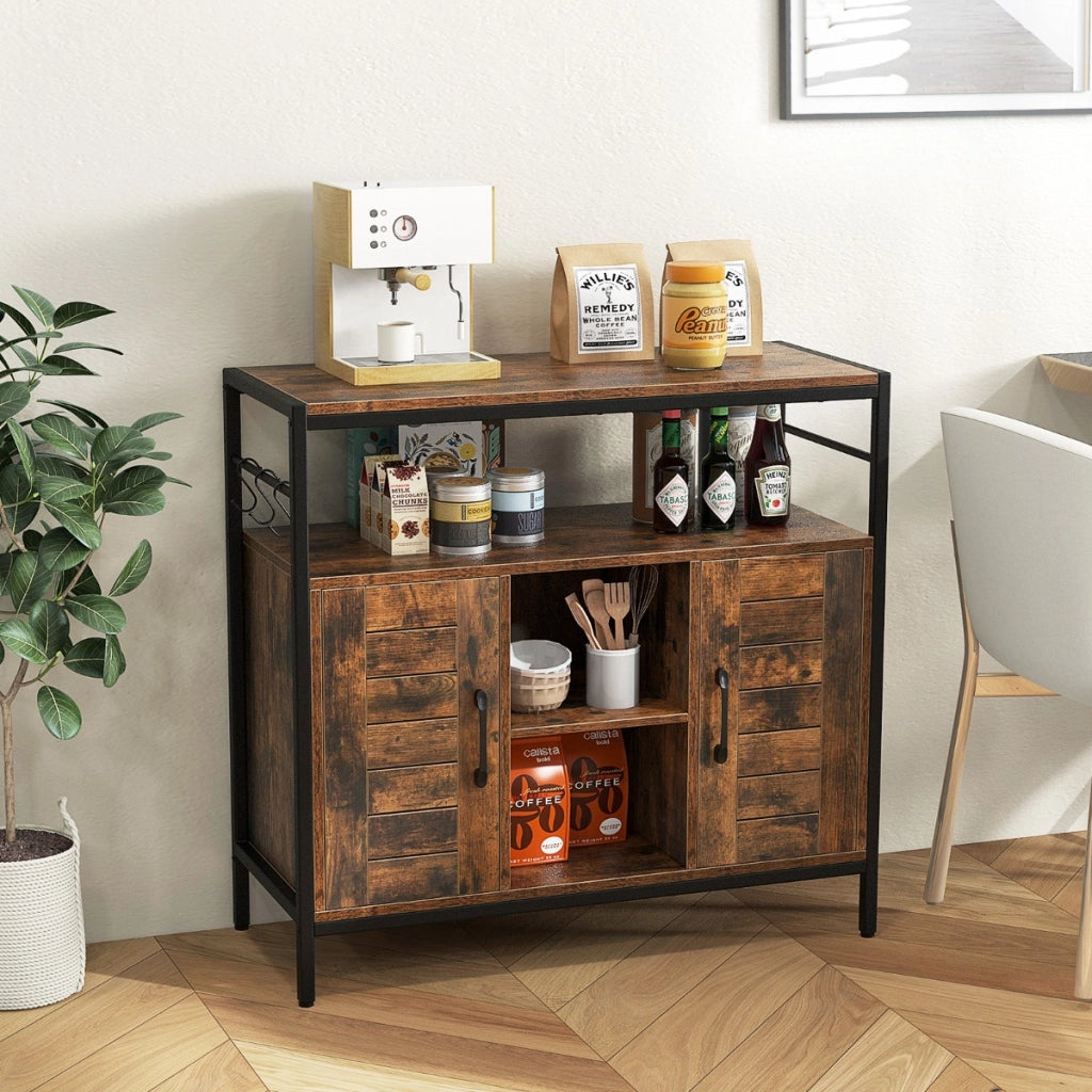 Buffet industriale per cucina con ripiani regolabili e 3 ganci, Mobili per bar da caff¨¨ con 2 porte Marrone