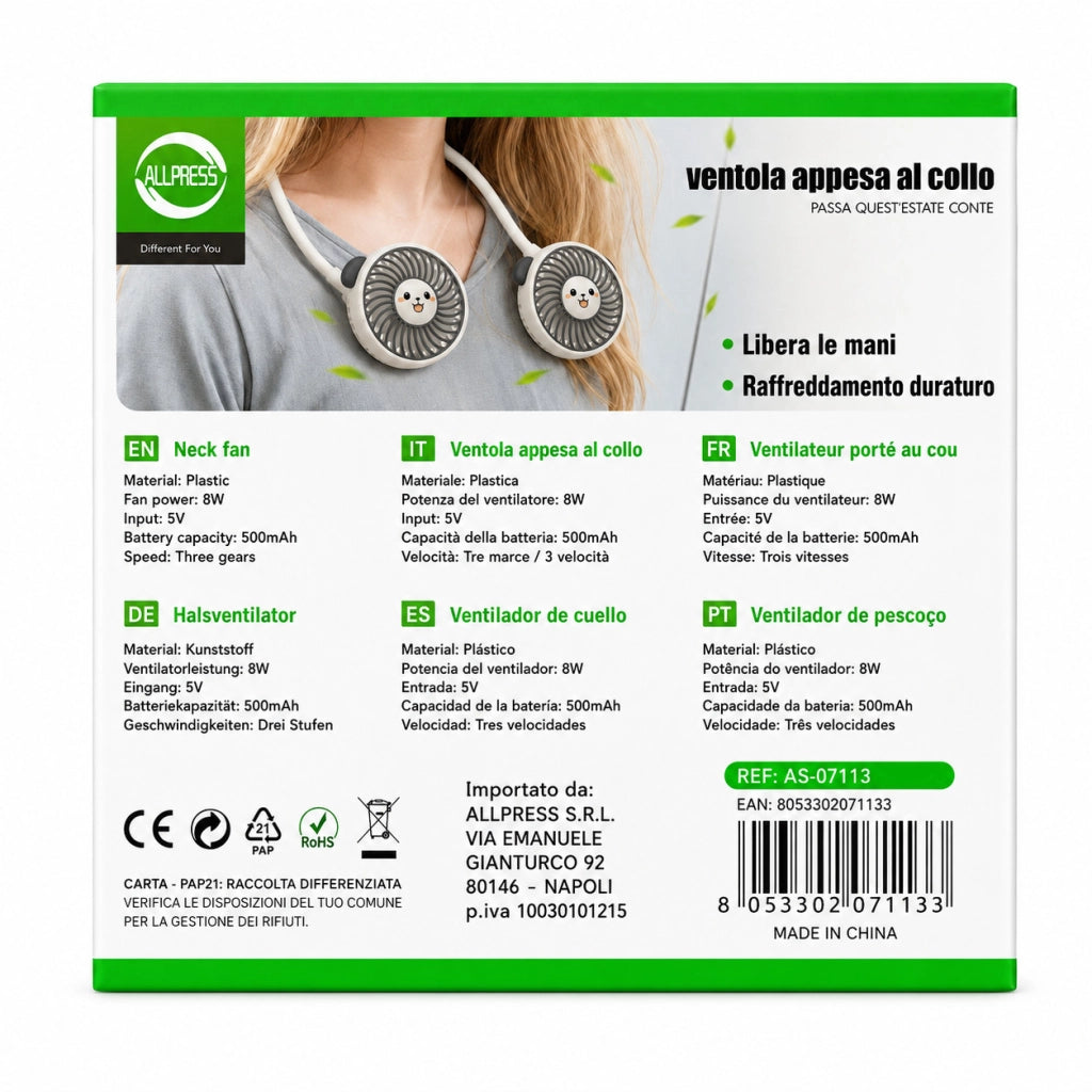 VENTILATORE COLLO SENZA PALE PORTATILE RICARICABILE SPORT 3 VELOCITÀ AS-07113