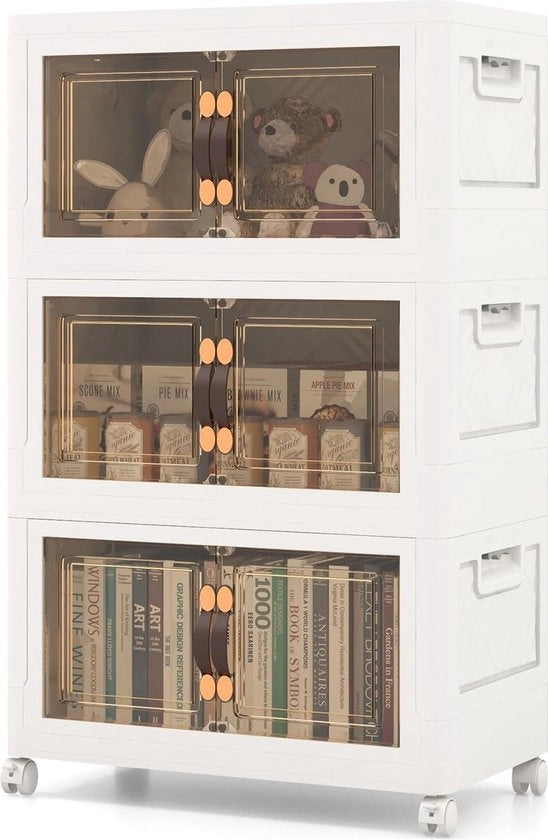Cassa di Stoccaggio Ripiegabile con Coperchio, 105 L Cassetti di Stoccaggio, Set di 3 Cassetti in Plastica, Stivabile, Cassetti di Stoccaggio con Ruote e Porte, Cassetti in Plastica Stivabili, 49,5 x 31,5 x 86 cm, Bianco
