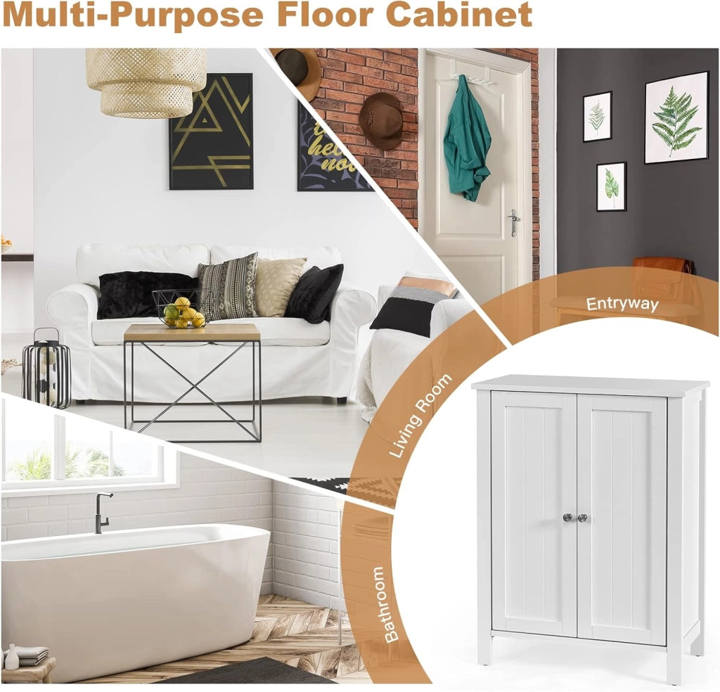 Armadietto Bagno da Terra, Mobiletto Autoportante a 2 Ripiani, con 2 Ante Legno, 60x30x80 cm, Bianco
