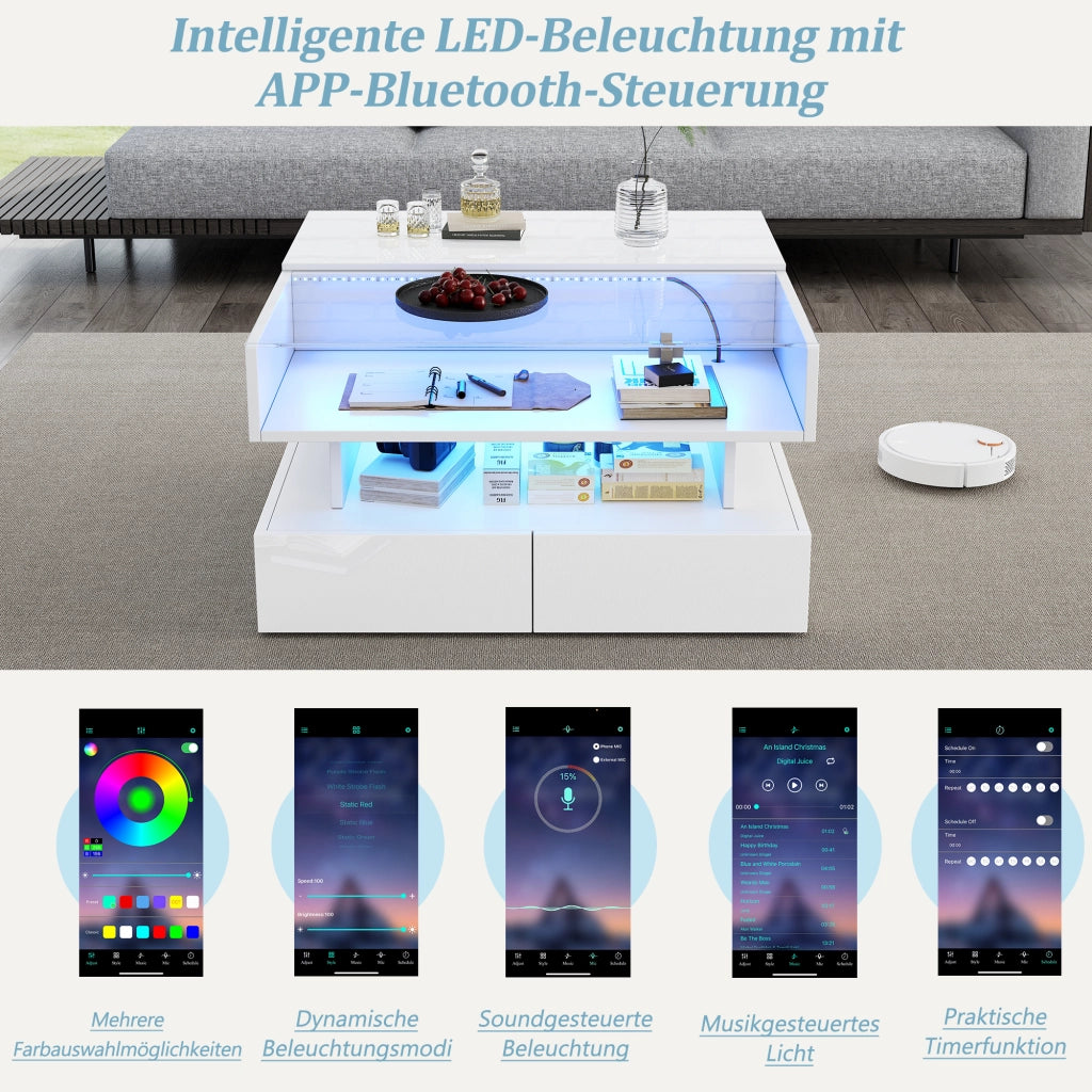 Tavolino basso sollevabile a quadrato con LED, 2 cassetti e piano in vetro temperato, bianco, 80 × 80 × 45 cm
