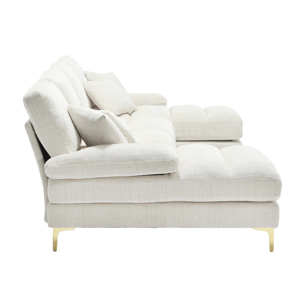 OKWISH Divano Panoramico a U, Doppia Chaise Longue con Cuscini Schienale e Piedi in Metallo, Ciniglia Beige 272 × 136 × 88 cm