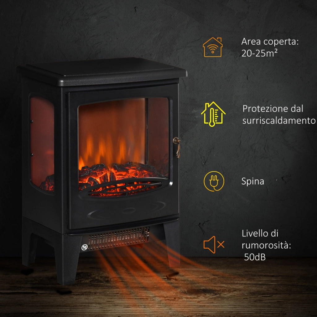 EasyComfort Camino Elettrico Effetto Fiamma e 3 Lati Aperti, Temperatura Regolabile 900W-1800W, Protezione da Surriscaldamento, Copertura 20-25m², 39x26x54.8cm, Nero