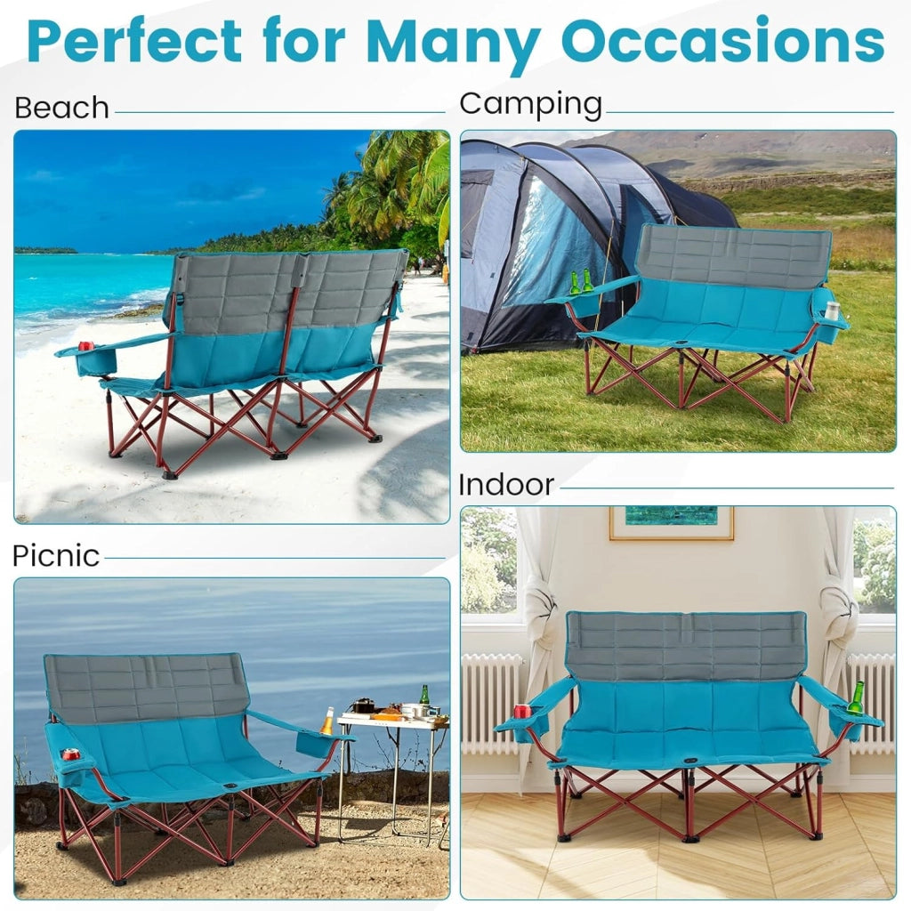 Sedia da campeggio pieghevole a 3 posti, con braccioli regolabili, portabicchieri e borsa per il trasporto, sedia da campeggio per esterni, giardino e balcone, portata fino a 408 kg (blu +