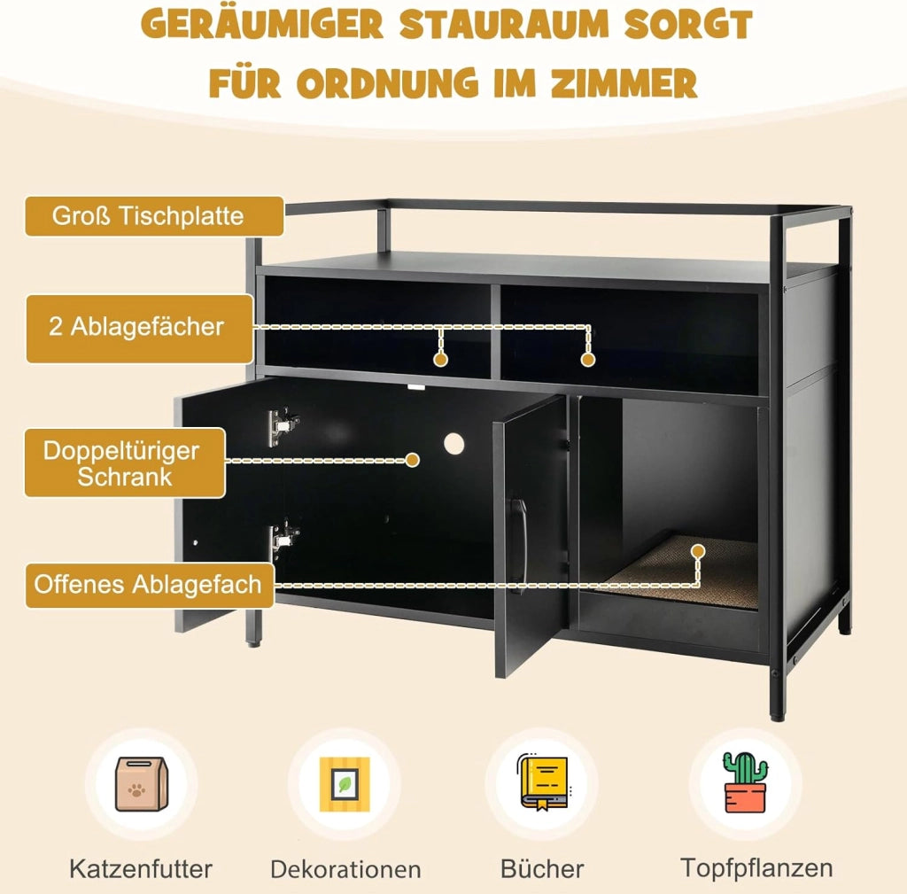 Mobile Lettiera per Gatti con 3 Ripiani Aperti e 2 Ante, Armadietto per Gatto in Legno, Grotta Rifugio con Grattatoio in Cartone Multiuso per Ingresso e Soggiorno (Nero, 89 x 45 x 74,5 cm)