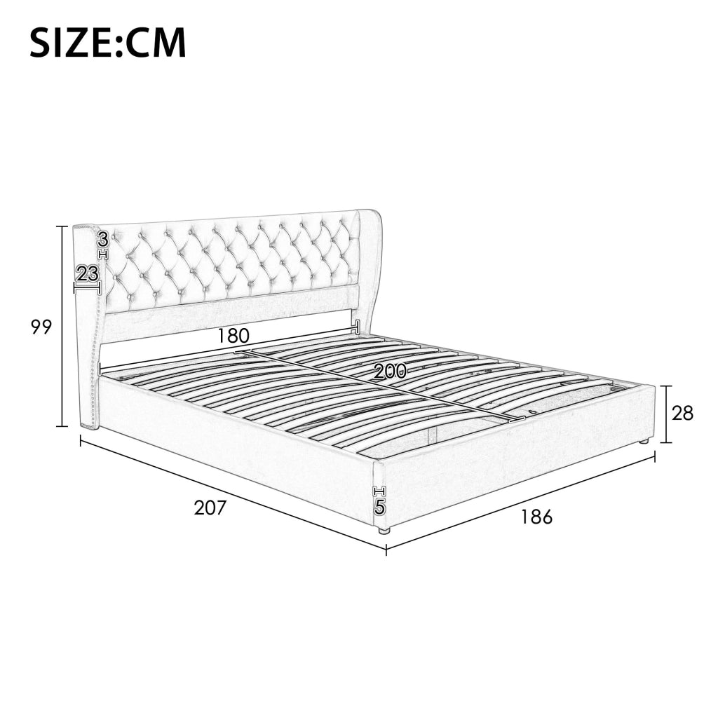 Letto imbottito Chesterfield in velluto beige con contenitore e rete a doghe 180x200 cm