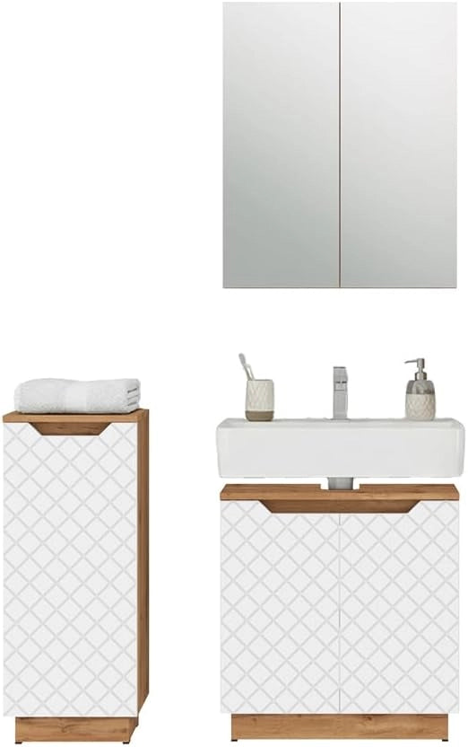 Set di mobili da bagno Lotta, Bianco, 59.8 cm, composto da mobile sottolavabo, specchiera e mobile medio