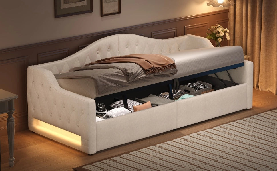 Divano letto 90x200 in lino beige con contenitore e luci LED