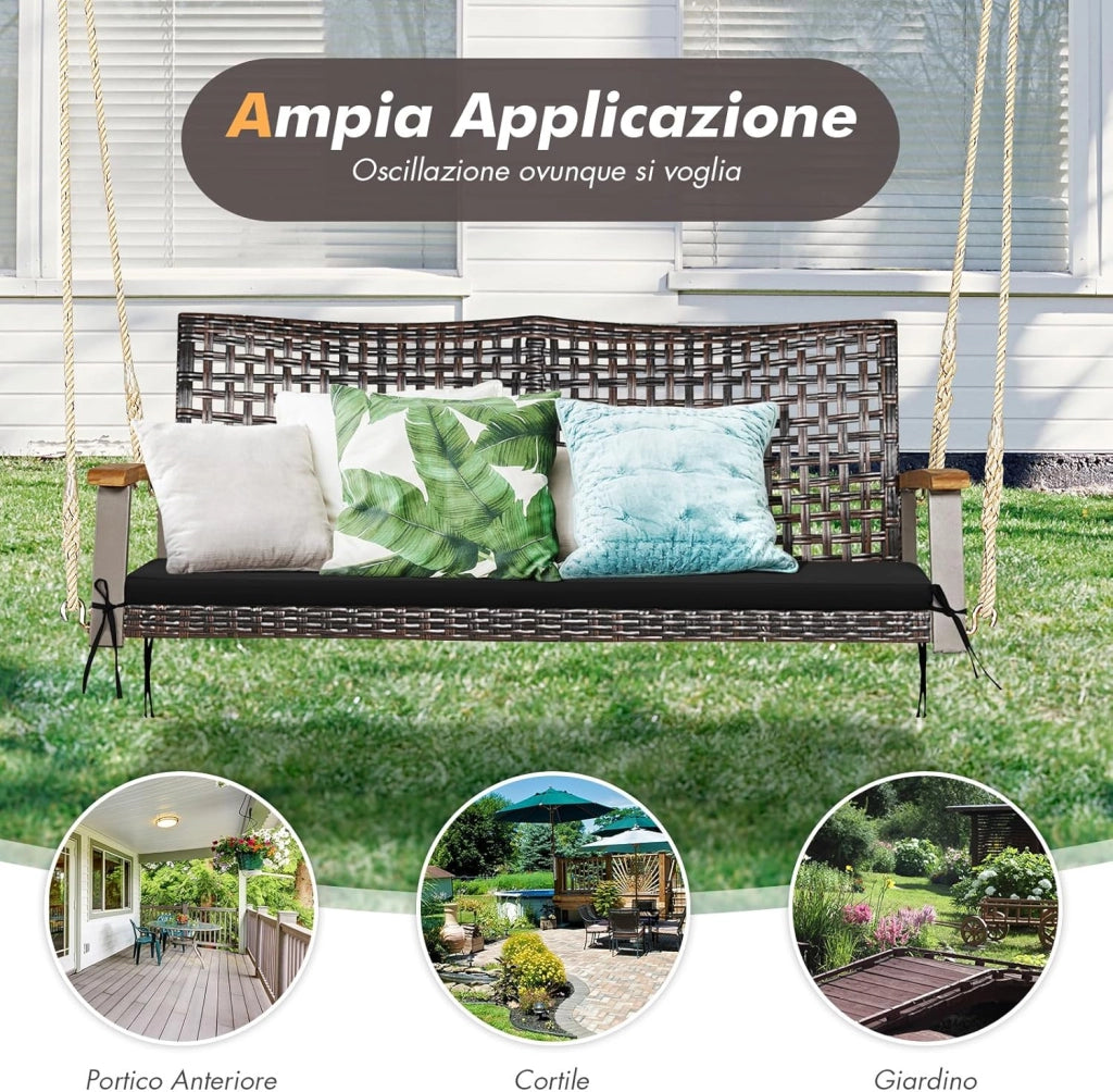 Dondolo Sospeso per Esterno a 2 Posti, Altalena da Giardino con Cuscino, Sedia Sospesada Gairdino con Braccioli, per Portico, Capacità di carico di 360 kg (Nero)