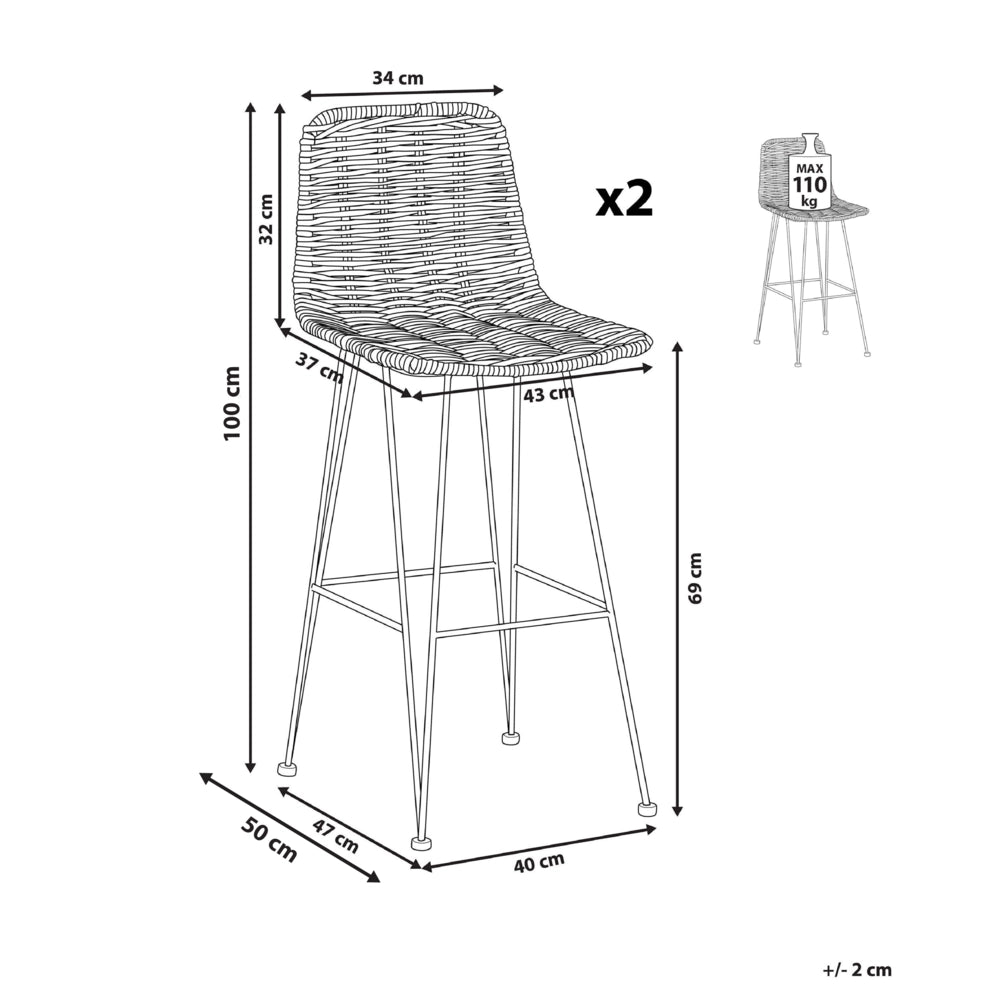 Set di sedie da bar per cucina e sala da pranzo in rattan rustico boho nero