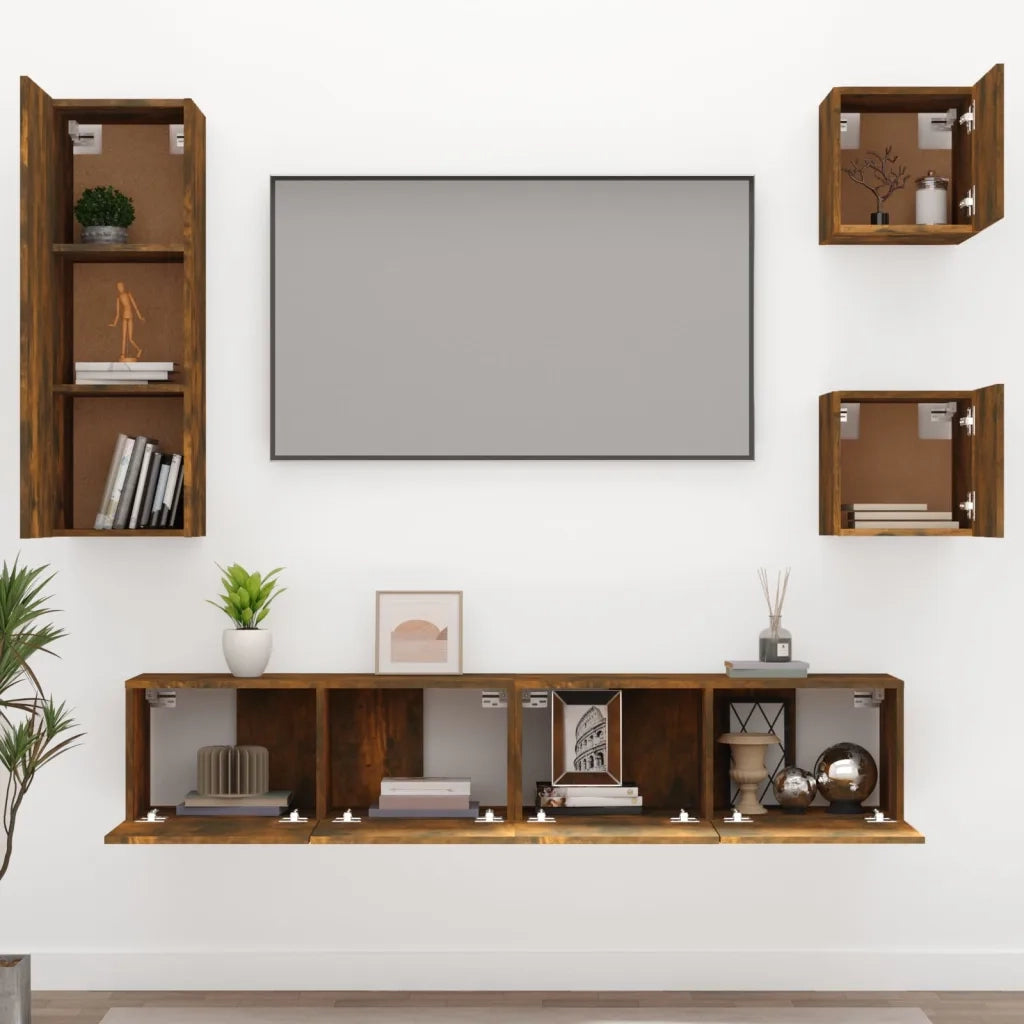 Set di Mobili Porta TV 5 pz Rovere Fumo in Legno Multistrato cod mxl 12139