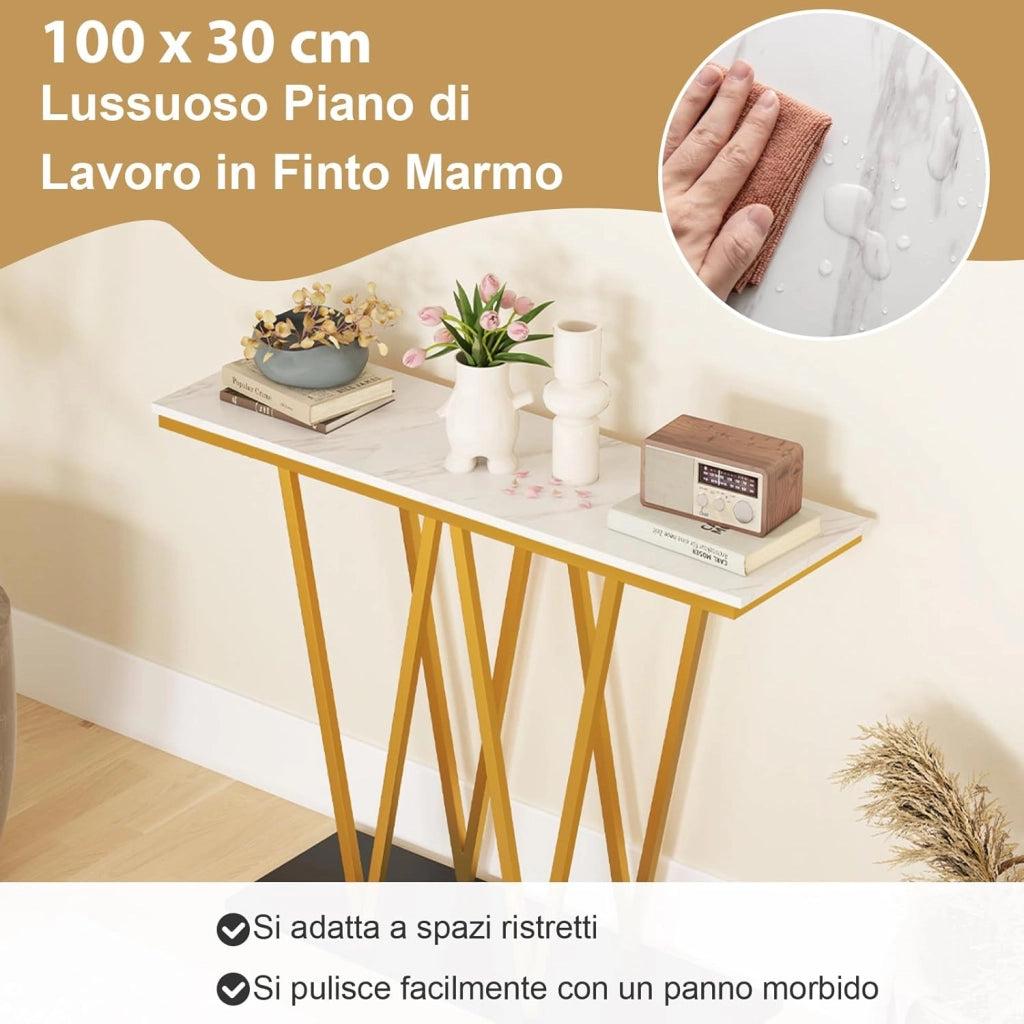 Tavolo Consolle, Tavolo da Ingresso Moderno con Piano in Marmo Finto e Struttura in Metallo e Base per Ripostiglio, Tavolino Stretto e Multiuso per Soggiorno, Ingresso e Corridoio