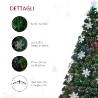 Albero di Natale Artificiale 150cm con Fibre Ottiche e 21 Luci LED, Decorazioni a Forma di Fiocco di Neve, Verde