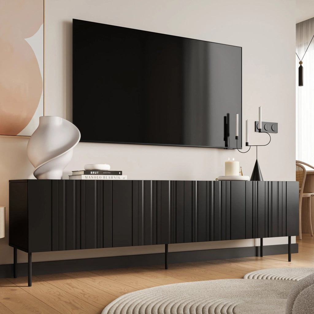 Mobile porta TV Sospiro, Madia da salotto con quattro ante battenti e quattro vani interni, Rialzato da terra, 201x42 h60 cm, Nero
