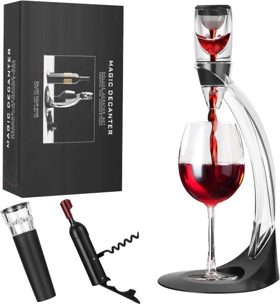 Decante Set di Lusso - Decantatore di Vino di Alta Qualità con Sfumatore di Vino, Stoppa Vino a Vuoto e Spillatore di Bottoni per una Esperienza di Vino Perfetta