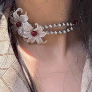 Collana vintage con fiore bianco e perla d'argento, regalo di Natale o compleanno.