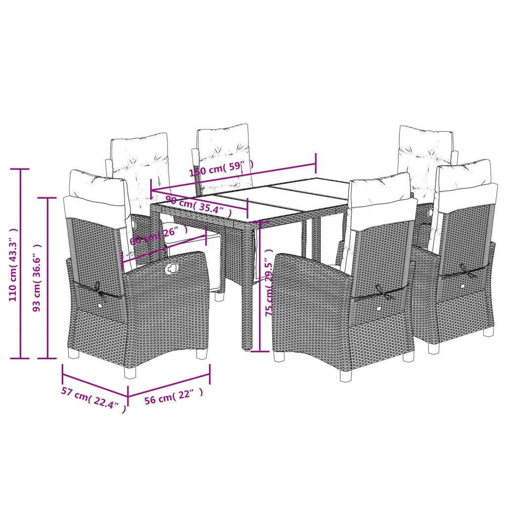 Set da Pranzo da Giardino 7 pz Nero con Cuscini in Polyrattan