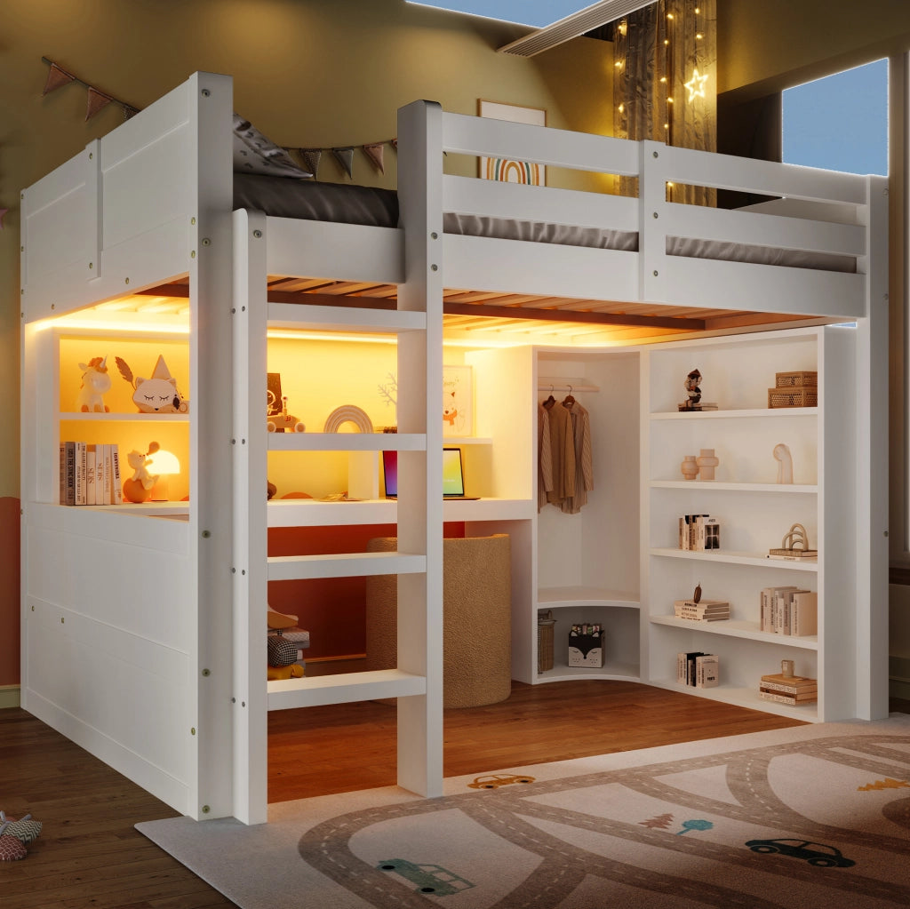 Letto a soppalco 140x200 cm bianco con LED, armadio e scrivania