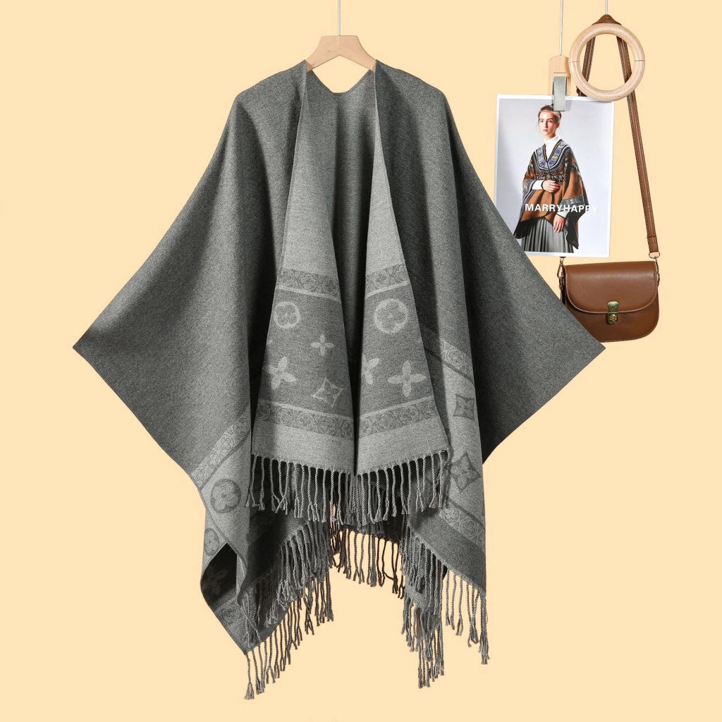 Nuovo scialle monocromatico con nappe, diviso, double-face, jacquard 3D a onde, caldo cashmere