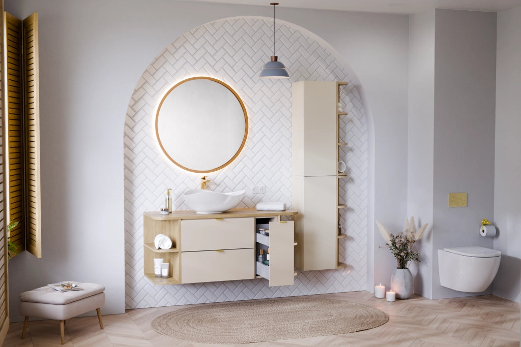 Set mobili bagno 120 cm con piano e lavabo da appoggio River Dalia Cashmere 120 x 1401 x 46 cm