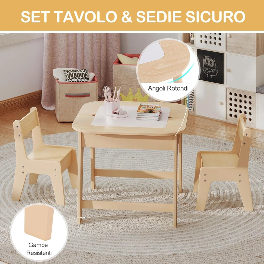 Set Tavolo e 2 Sedie per Bambini, con Lavagna Reversibile, Tavolo Multiattività con Vano Portaoggetti Nascosto e Sedie, per Bambini da 3-6 Anni, per Cameretta e Soggiorno (Giallo)