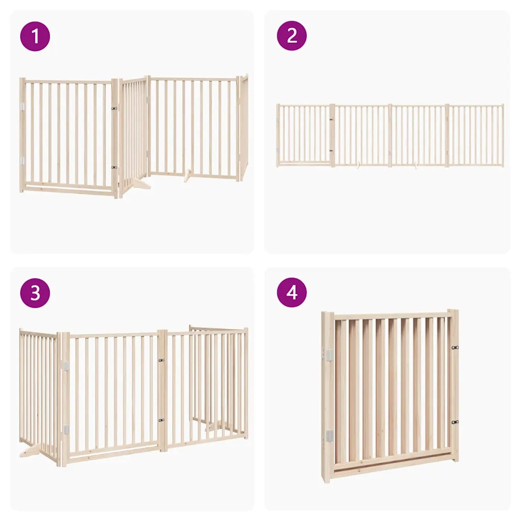 Cancelletto per cani con porta pieghevole 4 pannelli 320 cm in legno massello di abete 352275