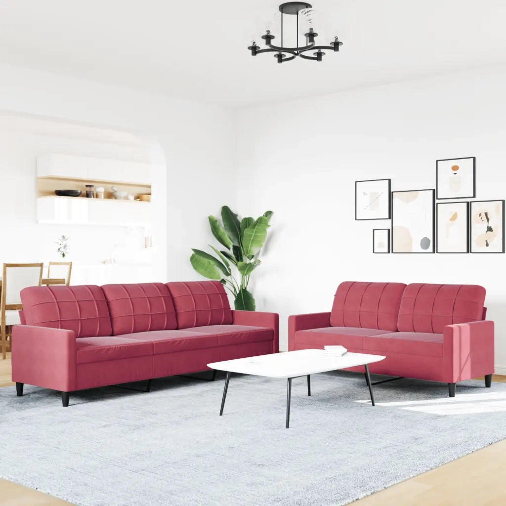 Set di Divani 2 pz con Cuscini Rosso Vino in Velluto