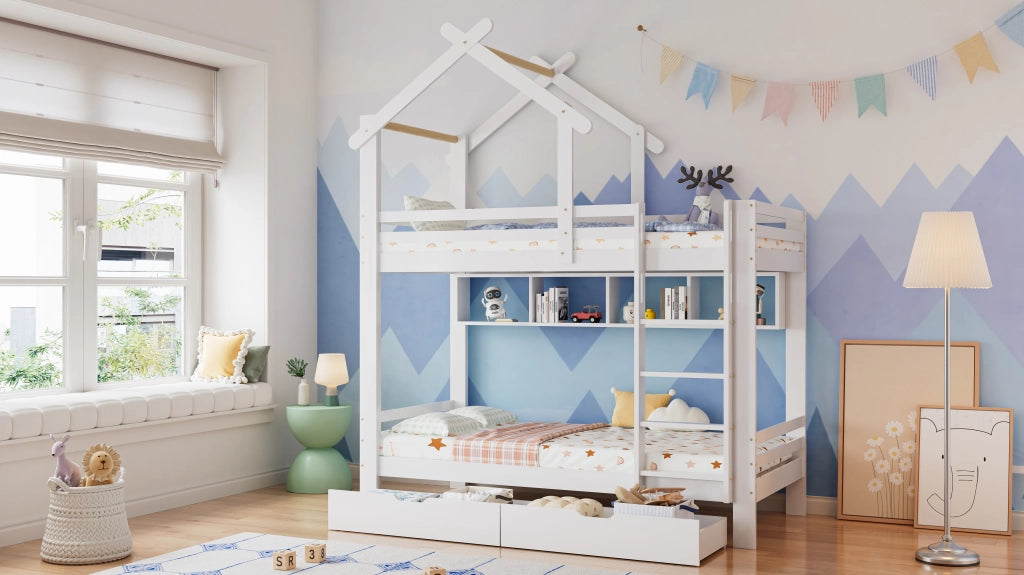 Letto a castello 90 × 200 cm con cassetti, ripiani e scala dritta, senza materasso, in legno, bianco