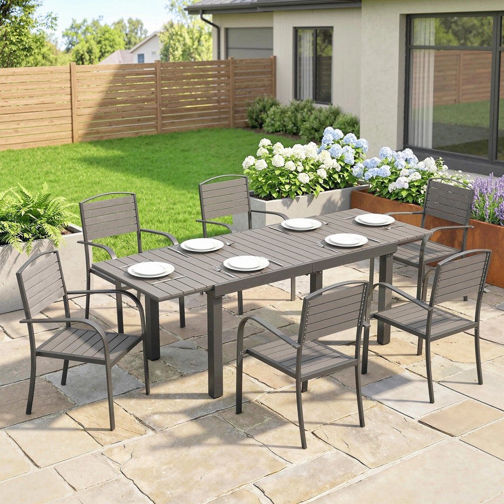 Set di sedute per mobili da giardino Tavolo estese in 7 pezzi con 6 sedie Struttura in alluminio stile a listelle