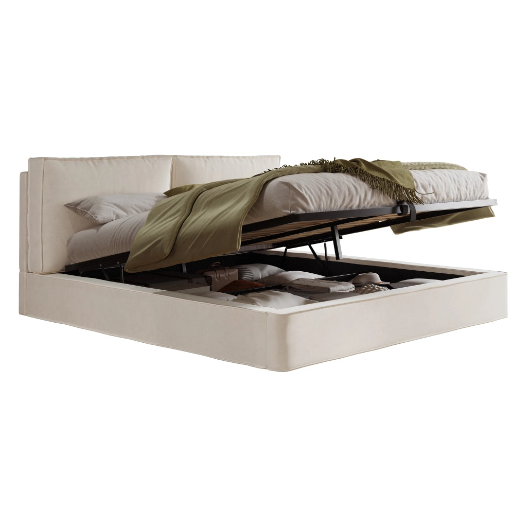 Letto matrimoniale 180x200 cm in velluto beige con contenitore, testiera imbottita e rete a doghe