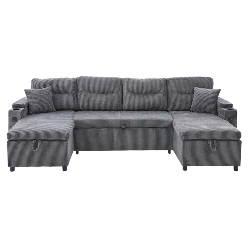 Divano a 4 posti in corduroy grigio carbone con doppia chaise longue, contenitore, USB-C e portabicchieri
