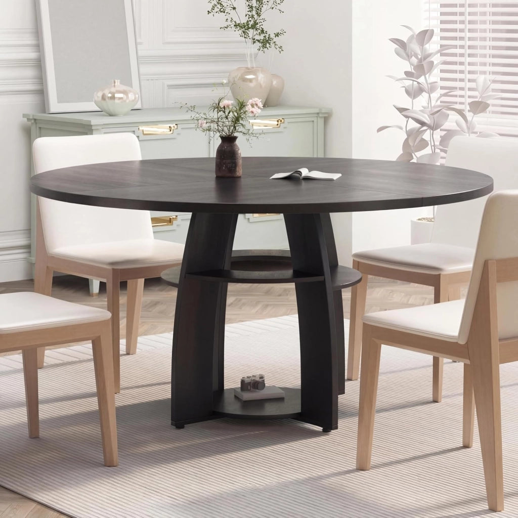 Tavolo da Pranzo Rotondo Rustico 120 cm per 4-6 Persone con Ripiano - Nero