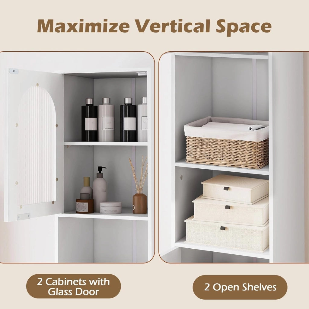 Armadio da Bagno a Colonna Autoportante 180 cm, con Ripiani Regolabili, Scomparti Aperti e Ante in Vetro Temperato, Mobile Portaoggetti per Soggiorno e Cucina, Bianco