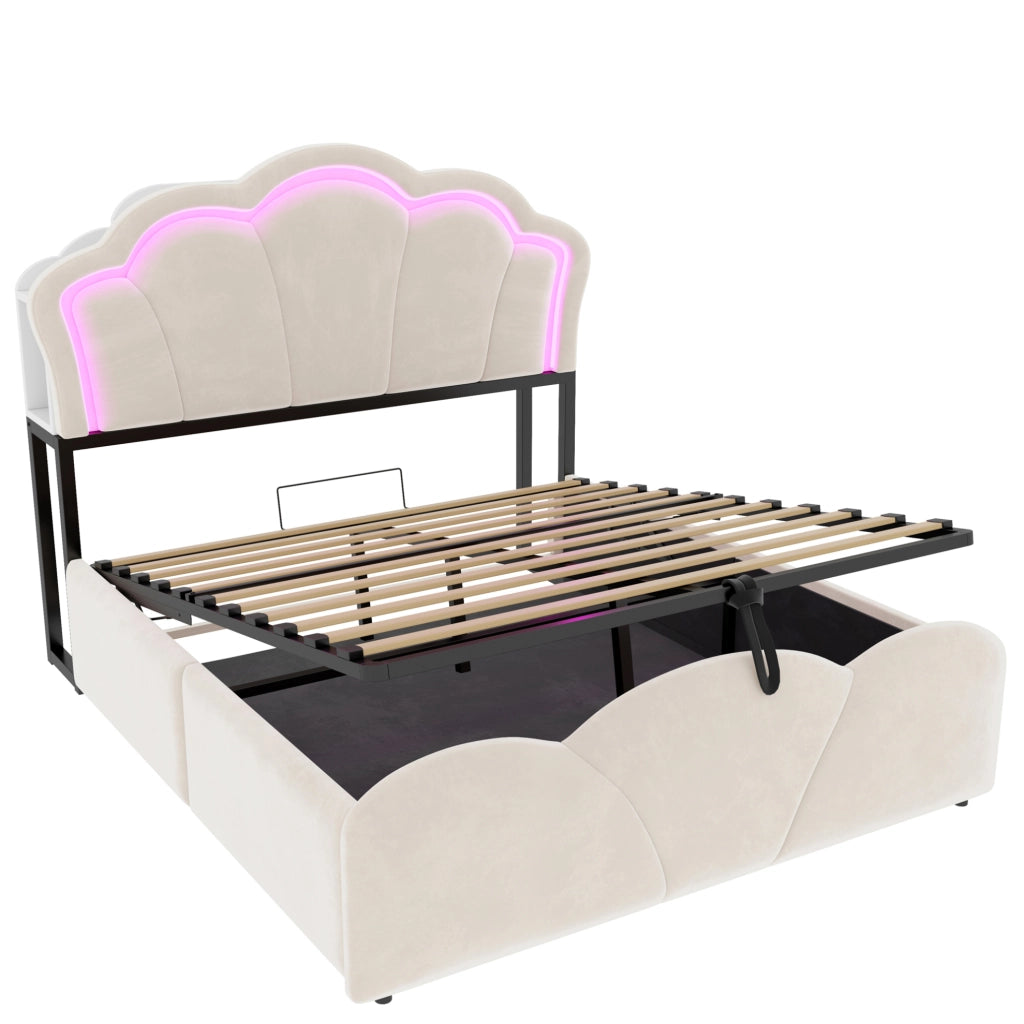 Letto imbottito 140 x 200 cm beige con contenitore, LED e prese