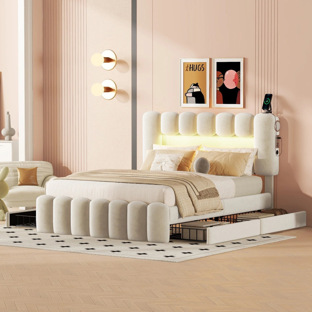 OKWISH Letto con Cassetti 140×200 cm, Letto Matrimoniale con 4 Cassetti, USB, LED Regolabile e Altoparlanti, senza Materasso, Velluto Beige